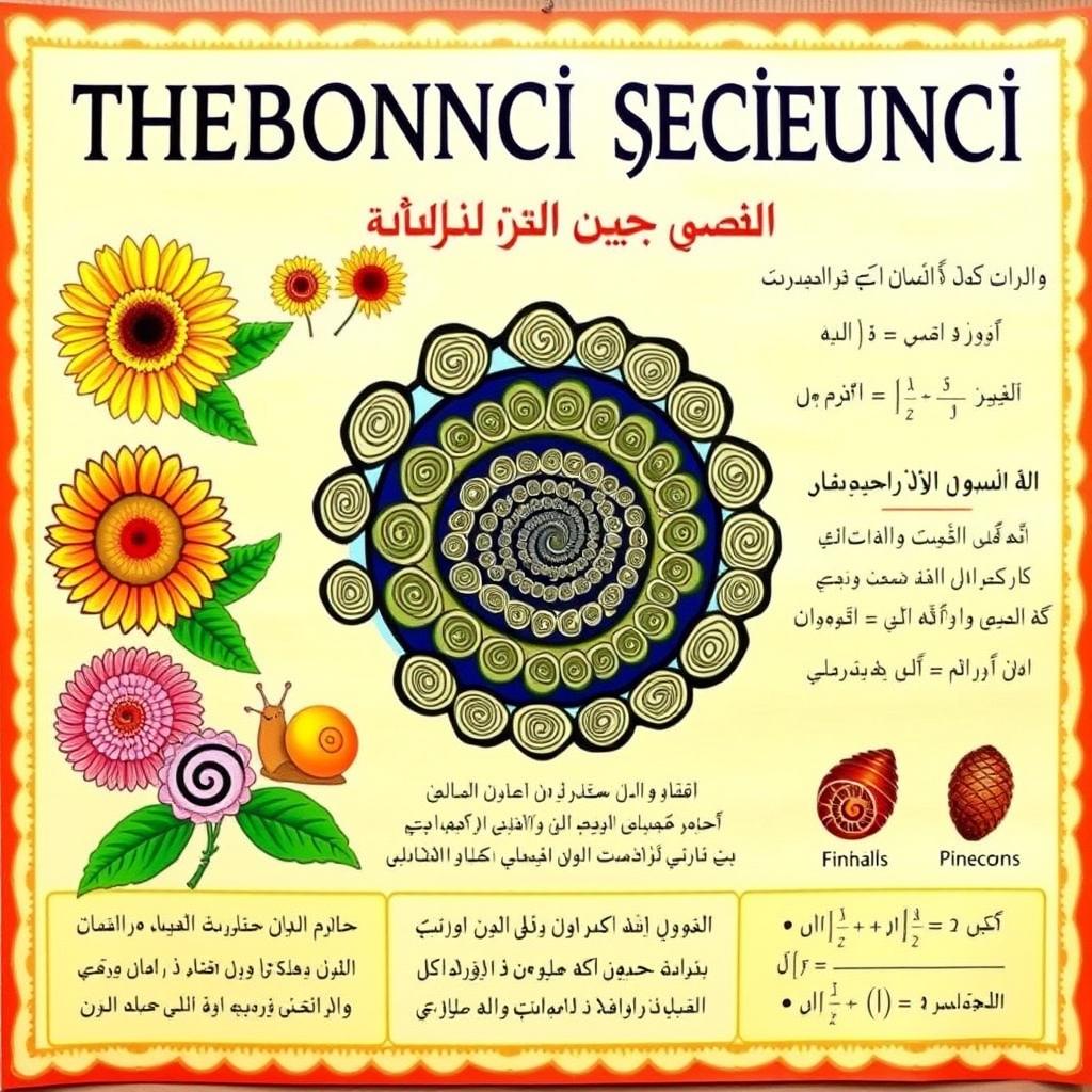 A visually appealing educational poster about the Fibonacci sequence featuring a spiral design, vibrant colors, and intricate patterns symbolizing growth and nature