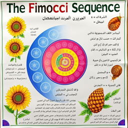 A visually appealing educational poster about the Fibonacci sequence featuring a spiral design, vibrant colors, and intricate patterns symbolizing growth and nature