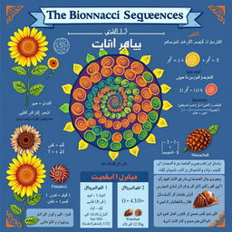 A visually appealing educational poster about the Fibonacci sequence featuring a spiral design, vibrant colors, and intricate patterns symbolizing growth and nature