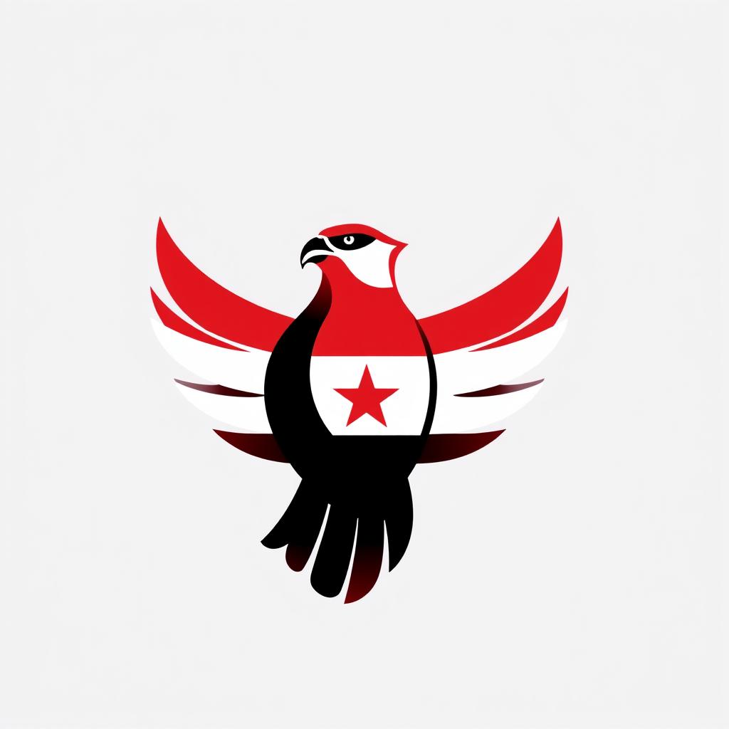 A simple and modern logo design featuring a stylized falcon, utilizing the colors of the Syrian Revolution flag: red, black, and white