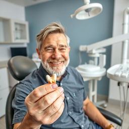 A middle-aged man with a happy expression, holding his extracted tooth in his hand