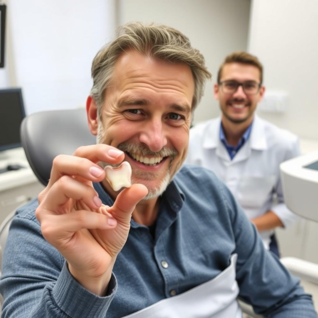 A middle-aged man with a happy expression, holding his extracted tooth in his hand