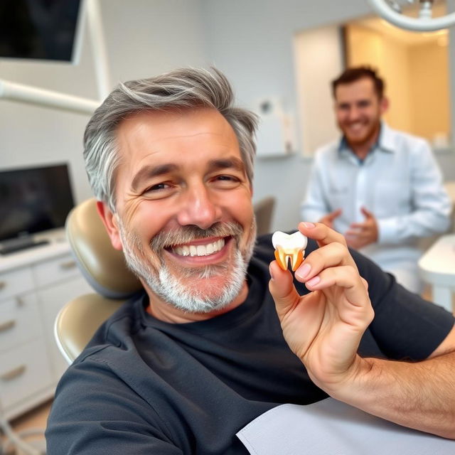 A middle-aged man with a happy expression, holding his extracted tooth in his hand