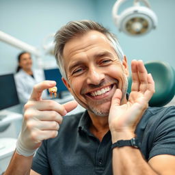 A middle-aged man with a happy expression, holding his extracted tooth in his hand