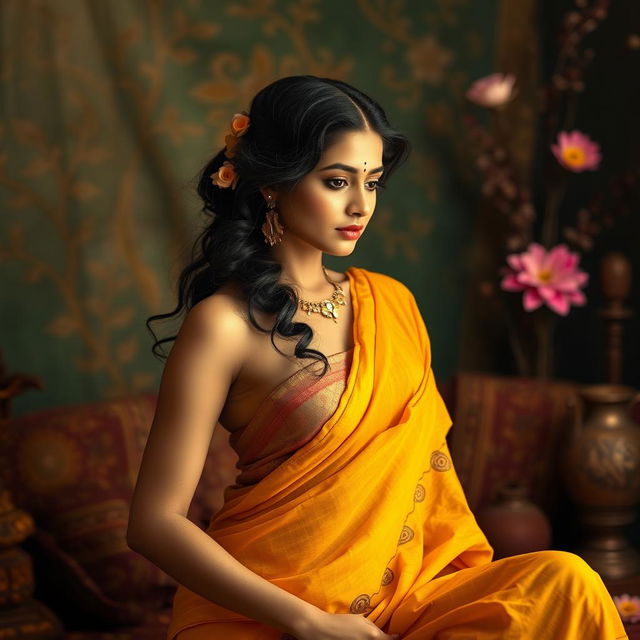 A serene and artistic interpretation of a female figure inspired by traditional Indian aesthetics, embracing the beauty of the human form through a tasteful and elegant composition