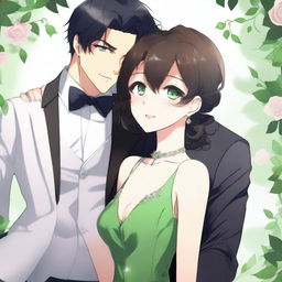 A high-quality digital art image features a dapper anime man with black hair and captivating green eyes, clad in a sleek black suit