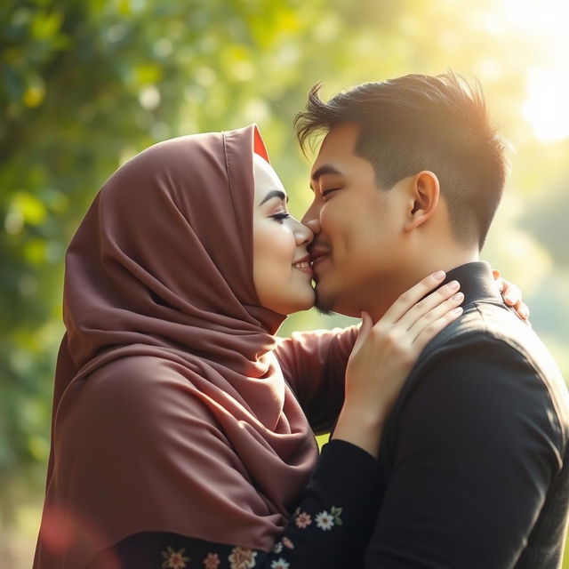 A beautiful Muslim woman in a serene setting, sharing a loving kiss with her husband