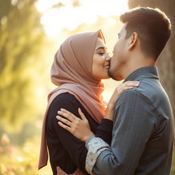 A beautiful Muslim woman in a serene setting, sharing a loving kiss with her husband