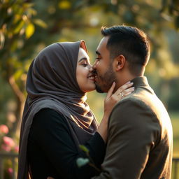 A beautiful Muslim woman in a serene setting, sharing a loving kiss with her husband