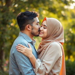 A beautiful Muslim woman in a serene setting, sharing a loving kiss with her husband