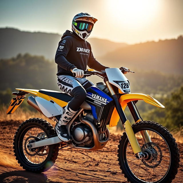 A thrilling scene featuring a rider confidently sitting on a bright and powerful Yamaha WR 250X motorcycle