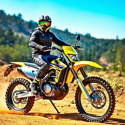 A thrilling scene featuring a rider confidently sitting on a bright and powerful Yamaha WR 250X motorcycle