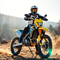 A thrilling scene featuring a rider confidently sitting on a bright and powerful Yamaha WR 250X motorcycle