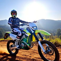 A thrilling scene featuring a rider confidently sitting on a bright and powerful Yamaha WR 250X motorcycle