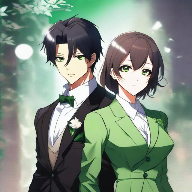 A high-quality digital art image features a dapper anime man with black hair and captivating green eyes, clad in a sleek black suit