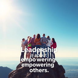 An inspiring poster about leadership featuring a diverse group of leaders standing together on a mountaintop, overlooking a vast landscape under a bright blue sky
