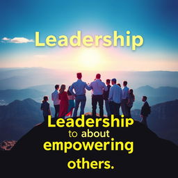 An inspiring poster about leadership featuring a diverse group of leaders standing together on a mountaintop, overlooking a vast landscape under a bright blue sky