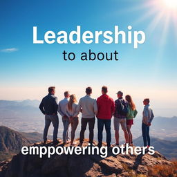 An inspiring poster about leadership featuring a diverse group of leaders standing together on a mountaintop, overlooking a vast landscape under a bright blue sky