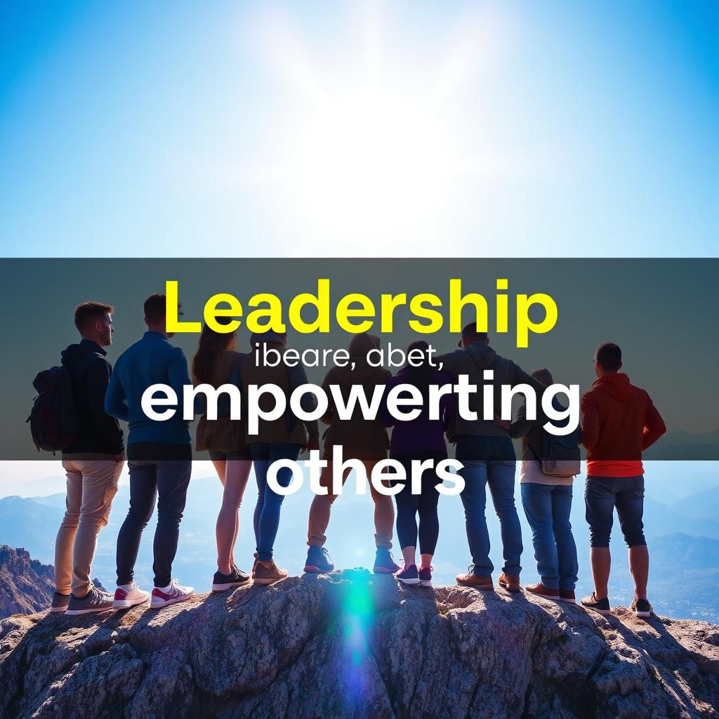 An inspiring poster about leadership featuring a diverse group of leaders standing together on a mountaintop, overlooking a vast landscape under a bright blue sky