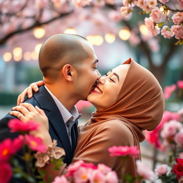 A stunning, short Muslim woman in a beautiful hijab passionately kissing her husband, who has a light fair complexion reminiscent of a Korean 'oppa'