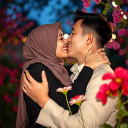A stunning, short Muslim woman in a beautiful hijab passionately kissing her husband, who has a light fair complexion reminiscent of a Korean 'oppa'