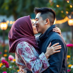 A stunning, short Muslim woman in a beautiful hijab passionately kissing her husband, who has a light fair complexion reminiscent of a Korean 'oppa'