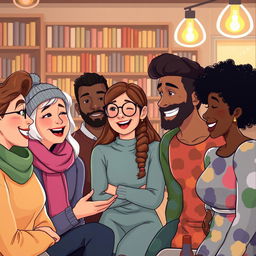 An illustration of a diverse group of people gathered together, each with distinctive features and styles, engaged in animated conversation