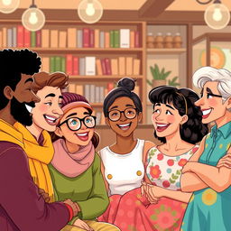 An illustration of a diverse group of people gathered together, each with distinctive features and styles, engaged in animated conversation