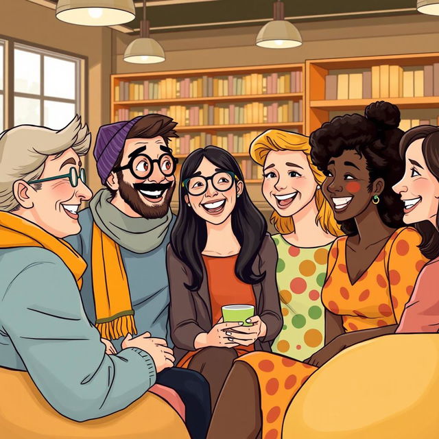 An illustration of a diverse group of people gathered together, each with distinctive features and styles, engaged in animated conversation