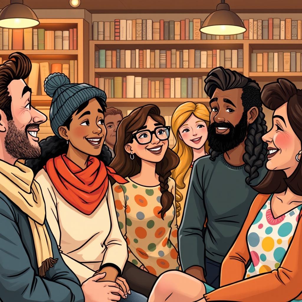 An illustration of a diverse group of people gathered together, each with distinctive features and styles, engaged in animated conversation