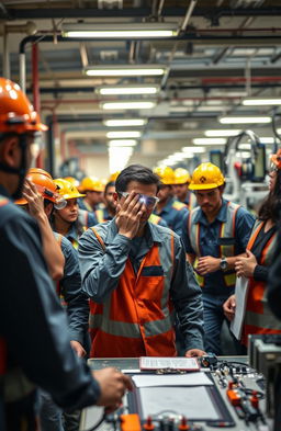 A dramatic scene depicting an eye accident in a bustling workplace at TVS SCL (TVS Supply Chain Solutions)