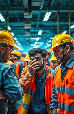 A dramatic scene depicting an eye accident in a bustling workplace at TVS SCL (TVS Supply Chain Solutions)