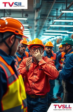 A dramatic scene depicting an eye accident in a bustling workplace at TVS SCL (TVS Supply Chain Solutions)