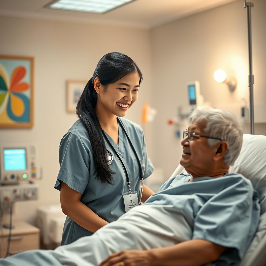 A compassionate nurse in a well-lit hospital room, wearing scrubs and a stethoscope, smiling gently as she cares for a patient