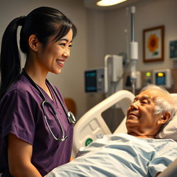 A compassionate nurse in a well-lit hospital room, wearing scrubs and a stethoscope, smiling gently as she cares for a patient