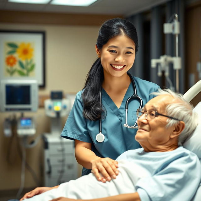 A compassionate nurse in a well-lit hospital room, wearing scrubs and a stethoscope, smiling gently as she cares for a patient