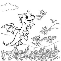 A whimsical and fantasy-inspired scene depicting a group of cute, cartoon-style dragons soaring through the air in a medieval setting