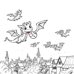 A whimsical and fantasy-inspired scene depicting a group of cute, cartoon-style dragons soaring through the air in a medieval setting