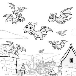 A whimsical and fantasy-inspired scene depicting a group of cute, cartoon-style dragons soaring through the air in a medieval setting