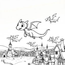 A whimsical and fantasy-inspired scene depicting a group of cute, cartoon-style dragons soaring through the air in a medieval setting