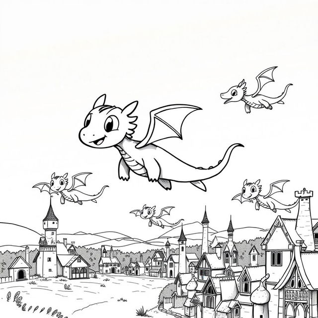 A whimsical and fantasy-inspired scene depicting a group of cute, cartoon-style dragons soaring through the air in a medieval setting