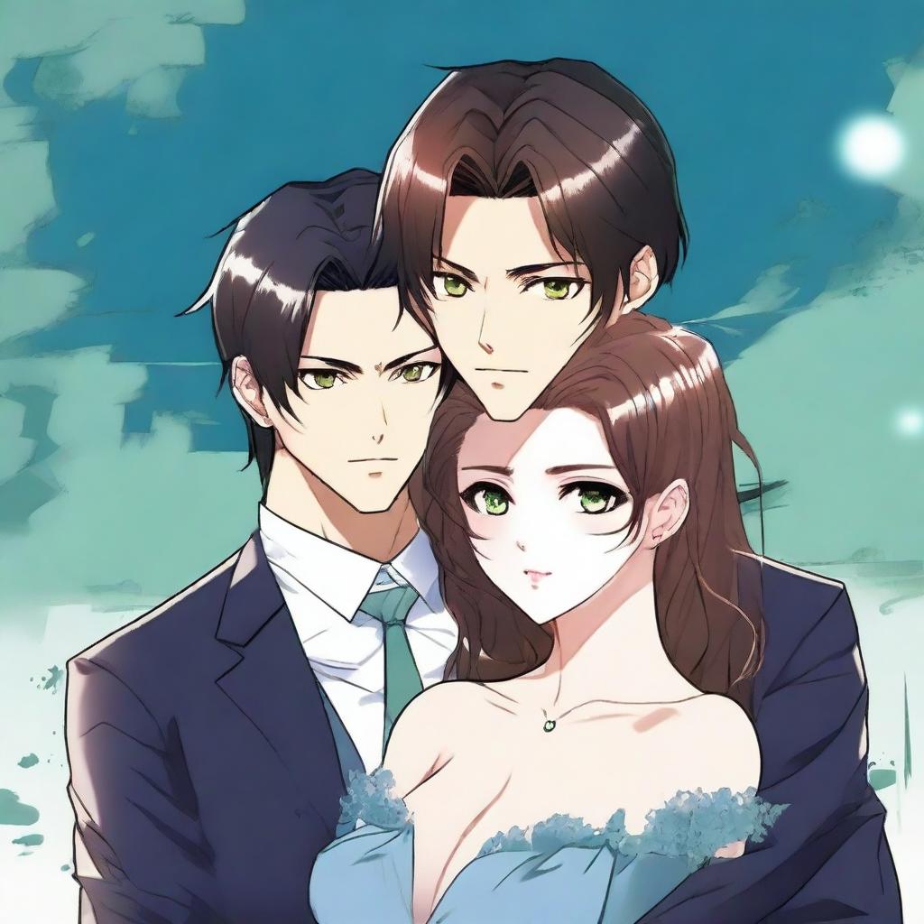 A high-quality digital art image in the style of manhwa presents a sophisticated anime couple