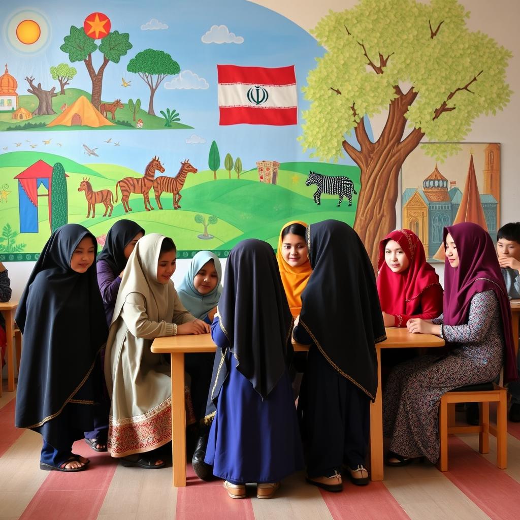 A vibrant school setting in Iran where students of diverse backgrounds engage in an inclusive reconciliation program