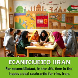 A vibrant school setting in Iran where students of diverse backgrounds engage in an inclusive reconciliation program
