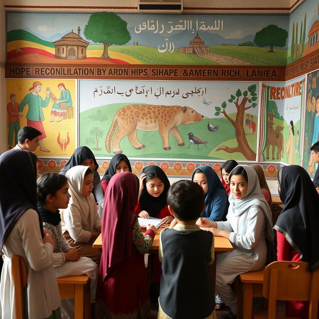 A vibrant school setting in Iran where students of diverse backgrounds engage in an inclusive reconciliation program