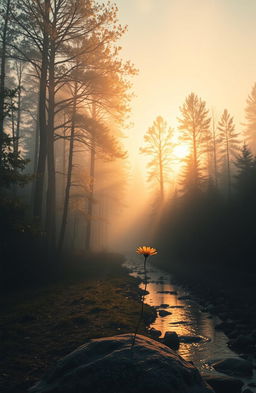 A serene and emotional landscape depicting the feeling of loss, featuring a soft, glowing sunset illuminating a peaceful, solitary path through a misty forest