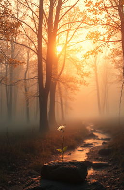 A serene and emotional landscape depicting the feeling of loss, featuring a soft, glowing sunset illuminating a peaceful, solitary path through a misty forest