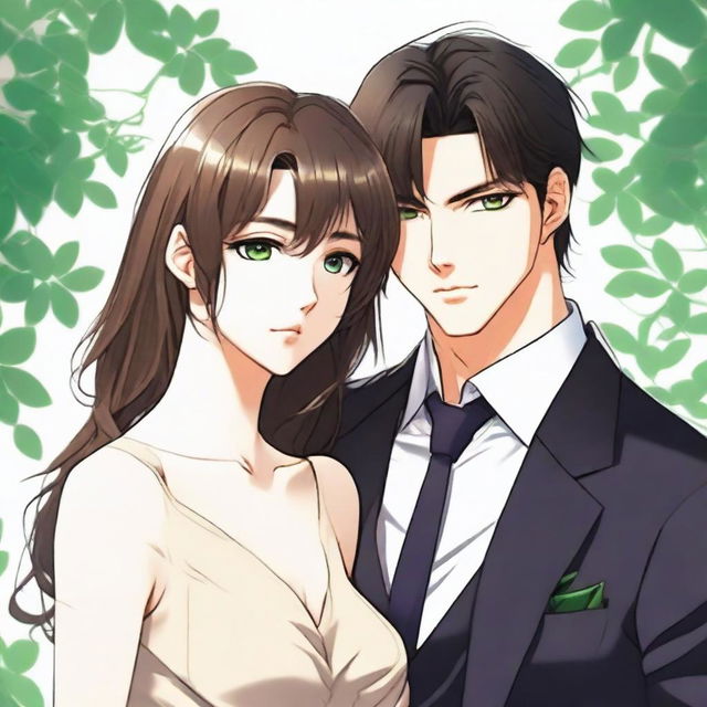 A high-quality digital art image in the style of manhwa presents a sophisticated anime couple