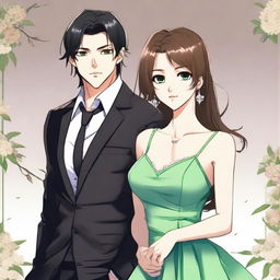 A high-quality digital art image in the style of manhwa presents a sophisticated anime couple