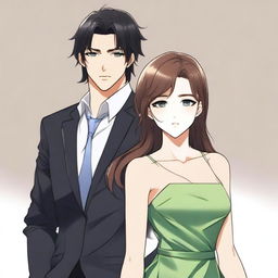 A high-quality digital art image in the style of manhwa presents a sophisticated anime couple